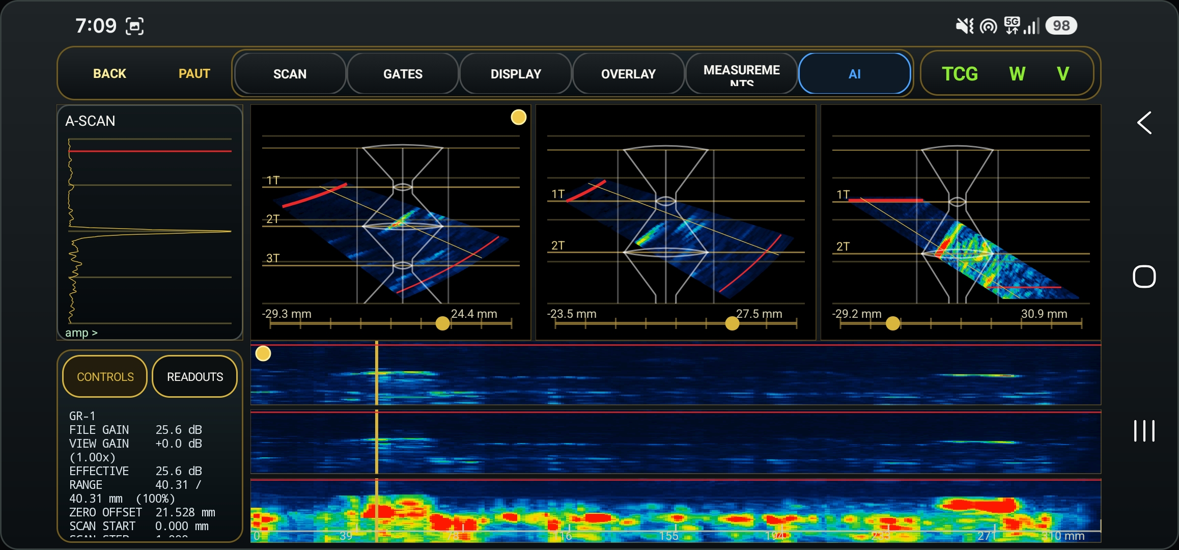Actual Android PAUT viewer showing A-scan, three S-scans and three B-scan strips